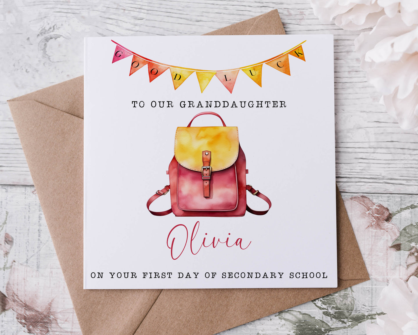 First day at school card  - pink backpack