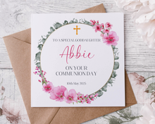 Load image into Gallery viewer, Personalized Confirmation/Communion  Day Card – Full Floral Wreath
