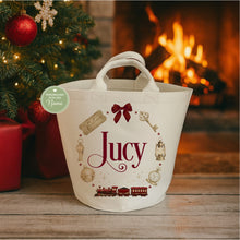 Load image into Gallery viewer, Red personalised Christmas felt storage trug with vintage train design
