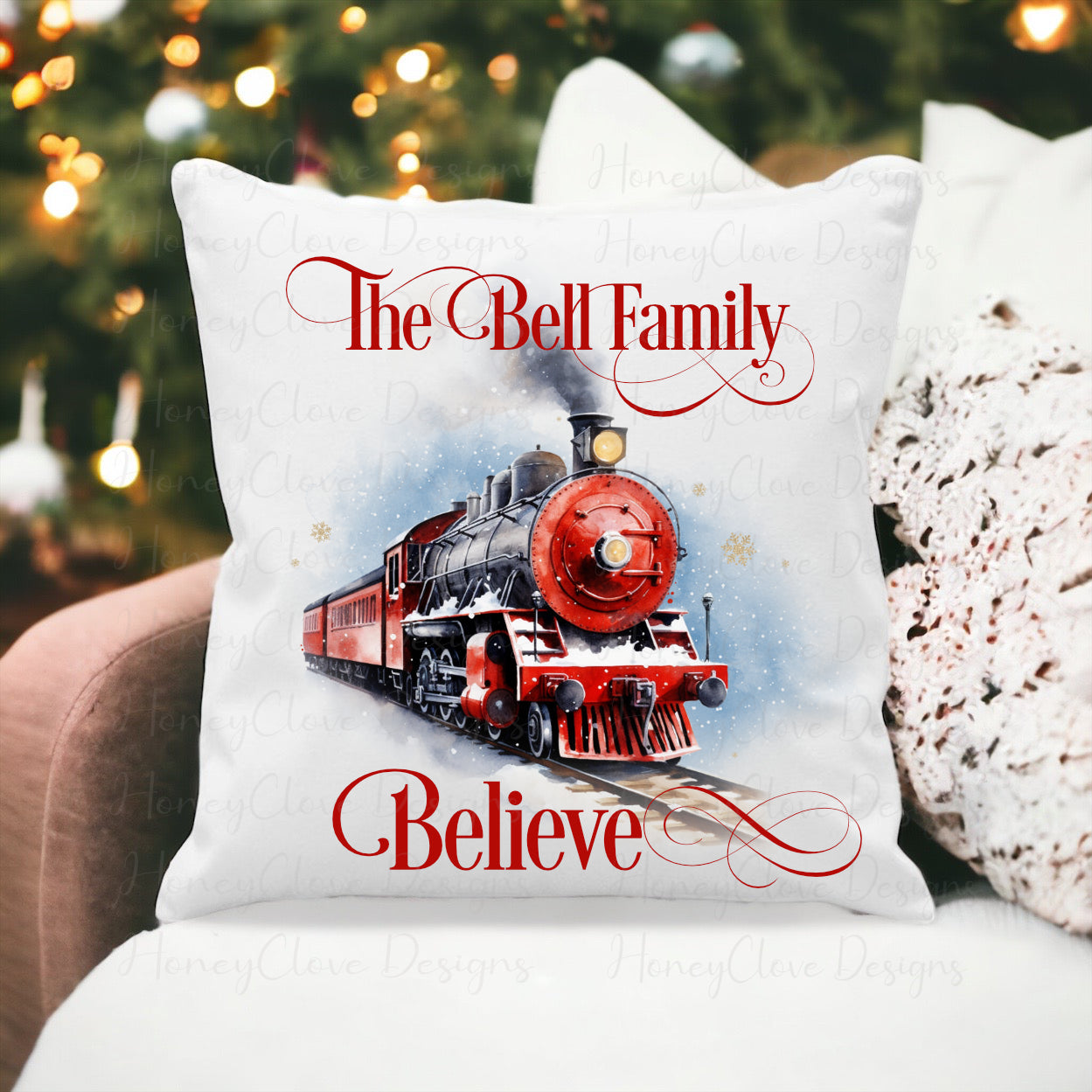 Christmas Believe Train Cushion - Red