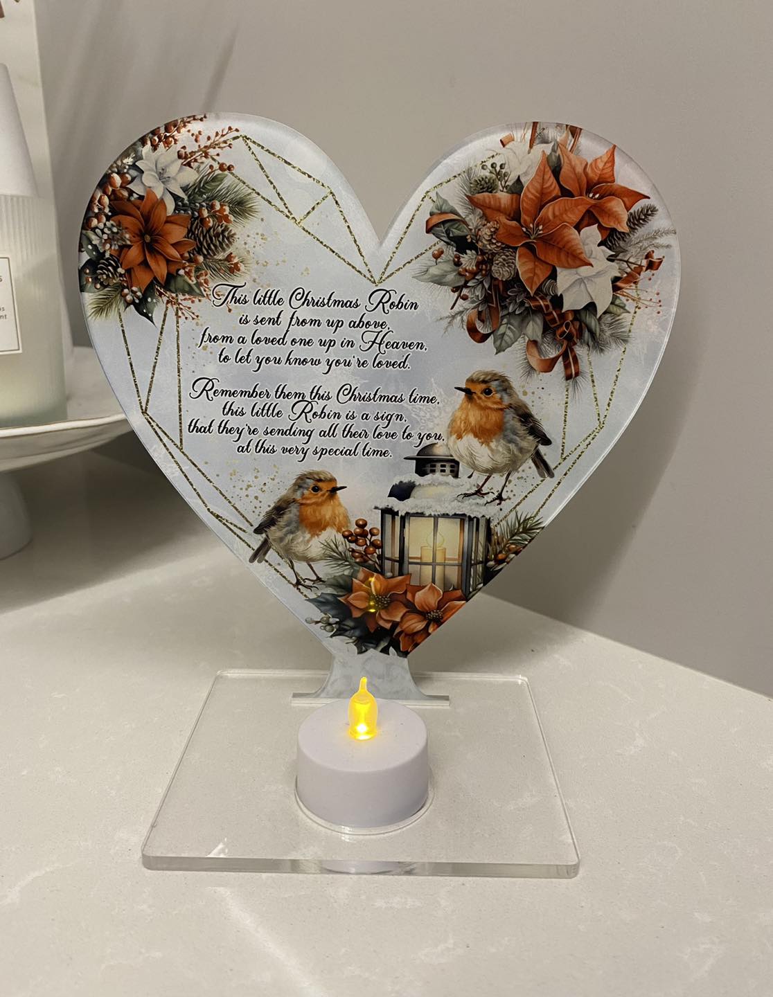 Heart Shape Tea Light Holder  - Christmas Robin Design