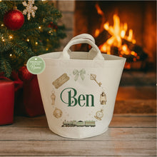Load image into Gallery viewer, Sage green personalised Christmas felt storage trug with vintage train design
