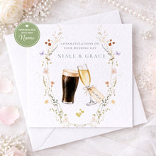 Load image into Gallery viewer, Handheld personalised Sláinte wedding card featuring stout and champagne glasses
