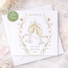 Load image into Gallery viewer, Personalised Sláinte wedding card with champagne flutes, names and wedding date
