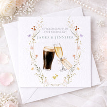 Load image into Gallery viewer, Example personalised Sláinte wedding card with couple names James and Jennifer and wedding date
