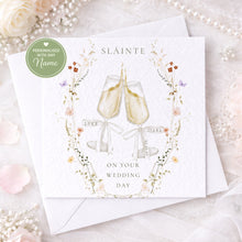Load image into Gallery viewer, Personalised Sláinte wedding card with names and date on champagne ribbons
