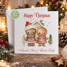 Load image into Gallery viewer, Personalised Mum and Dad Christmas card with festive gingerbread couple
