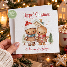 Load image into Gallery viewer, Personalised Christmas card with gingerbread couple and Christmas scene
