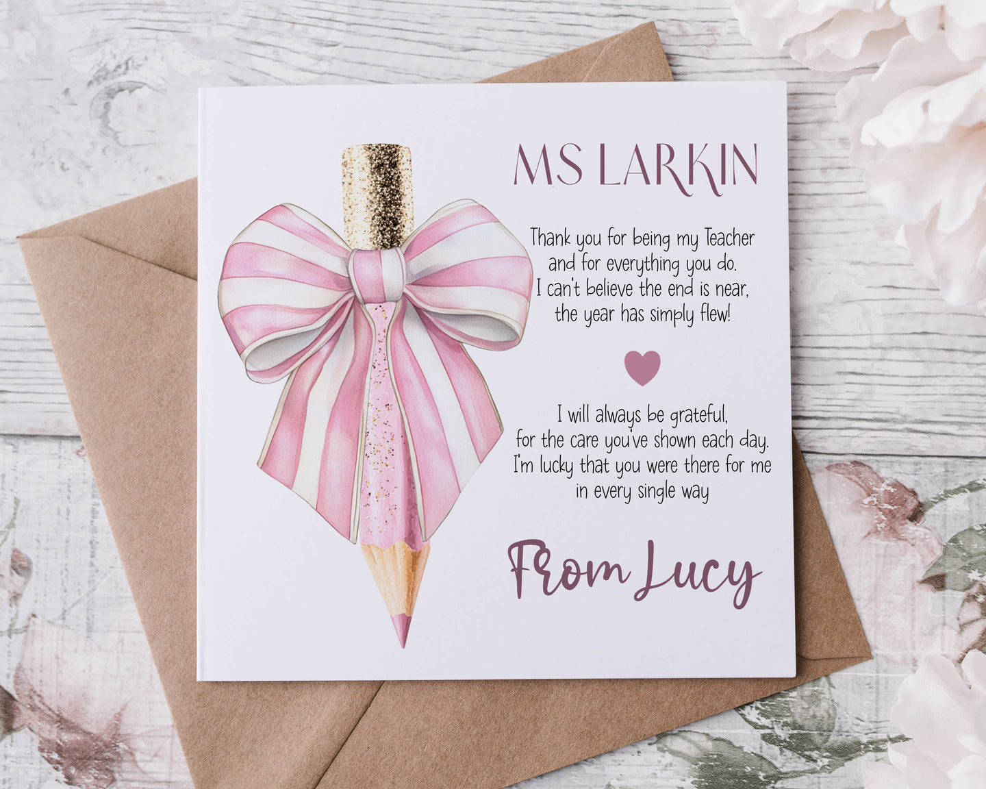 Pink Bow Pencil Teacher/SNA Card