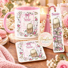 Load image into Gallery viewer, Personalised pink tea mug gift set with coaster and bookmark
