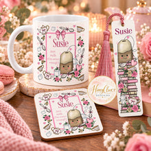 Load image into Gallery viewer, Personalised white tea-themed mug gift set with matching coaster and bookmark
