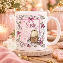 Load image into Gallery viewer, Personalised white tea-themed mug with custom name and wording
