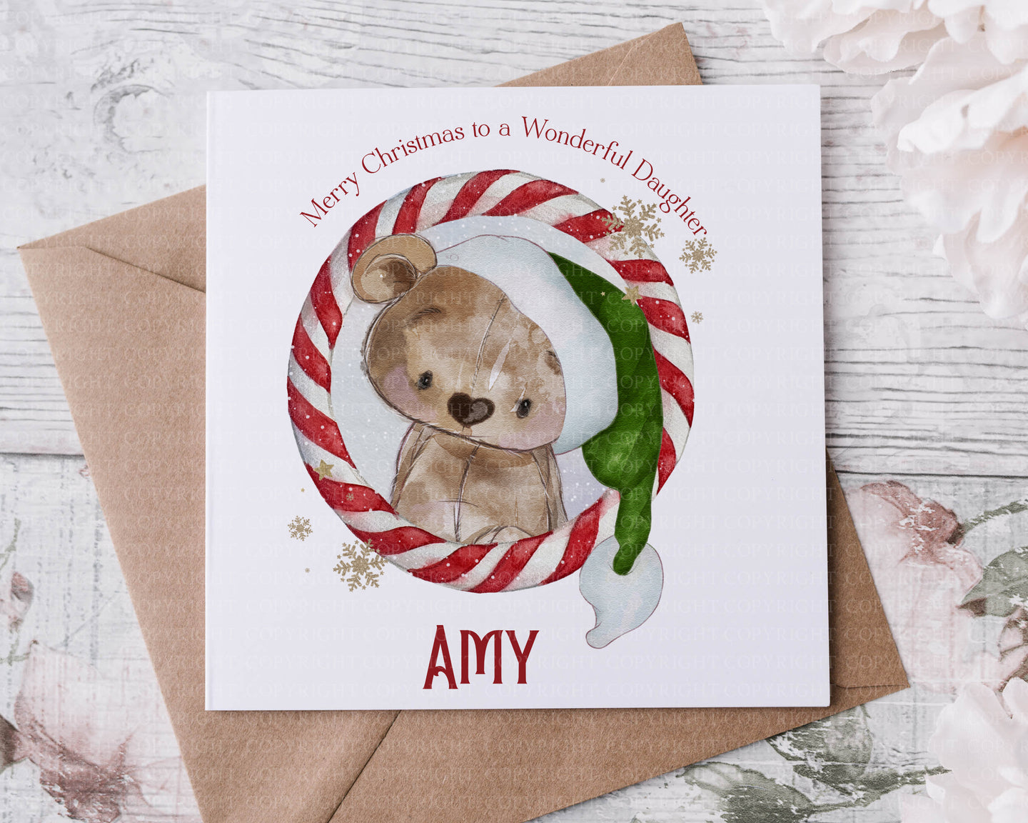 Teddy Bear Candy Cane Wreath Christmas Card