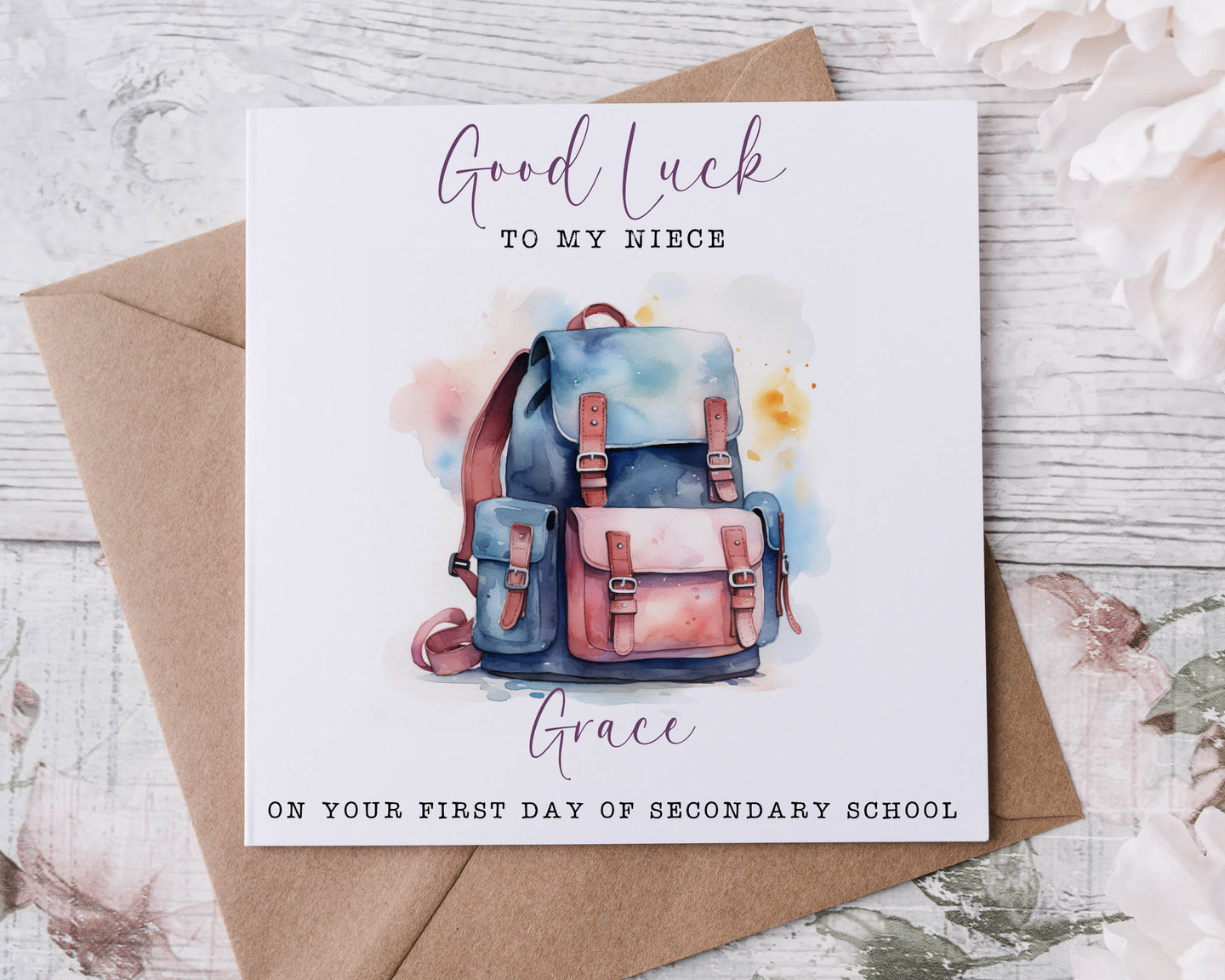 First day at school card  -vintage backpack