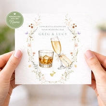 Load image into Gallery viewer, Personalised wedding card example with floral frame and drinks

