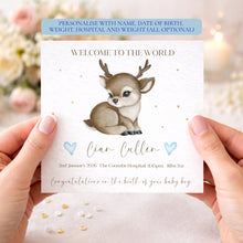 Load image into Gallery viewer, Personalised baby card mockup showing optional birth date, weight and hospital details
