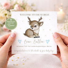Load image into Gallery viewer, Blue personalised baby birth announcement card mockup held in hands
