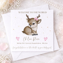 Load image into Gallery viewer, Personalised welcome to the world baby card with pink and blue balloon design
