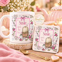 Load image into Gallery viewer, Personalised white tea-themed mug and coaster shown together
