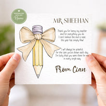 Load image into Gallery viewer, Bow Pencil Teacher/SNA Card - Multiple colours!
