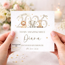 Load image into Gallery viewer, Safari Animals Baby Shower Card, Personalised 2026 Due Date
