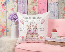 Load image into Gallery viewer, Bunny Twins Birth Stat Cushion  - Various Colours
