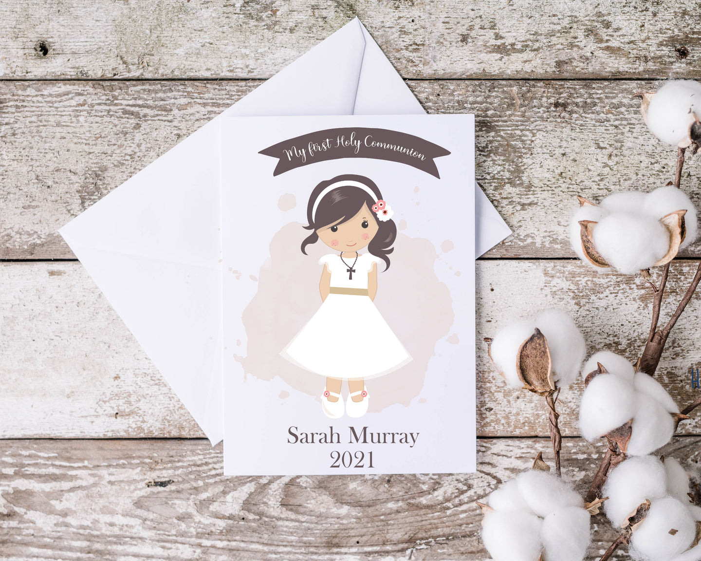 Communion/Confirmation Card Girl - Brown Hair