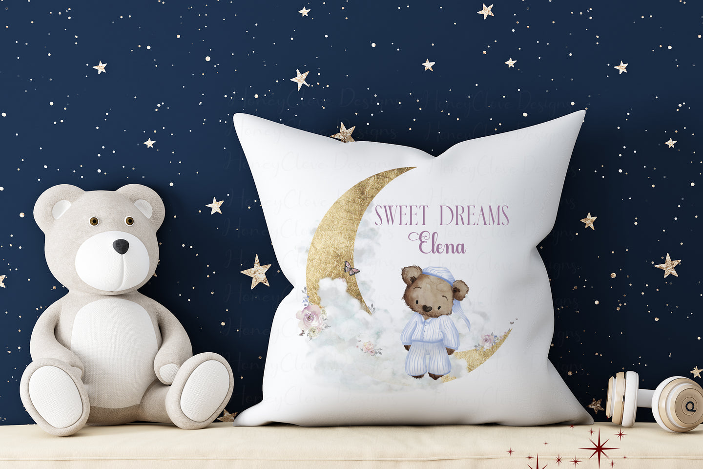 Pyjama Bear - Moon & Flowers Cushion (2 Colours)