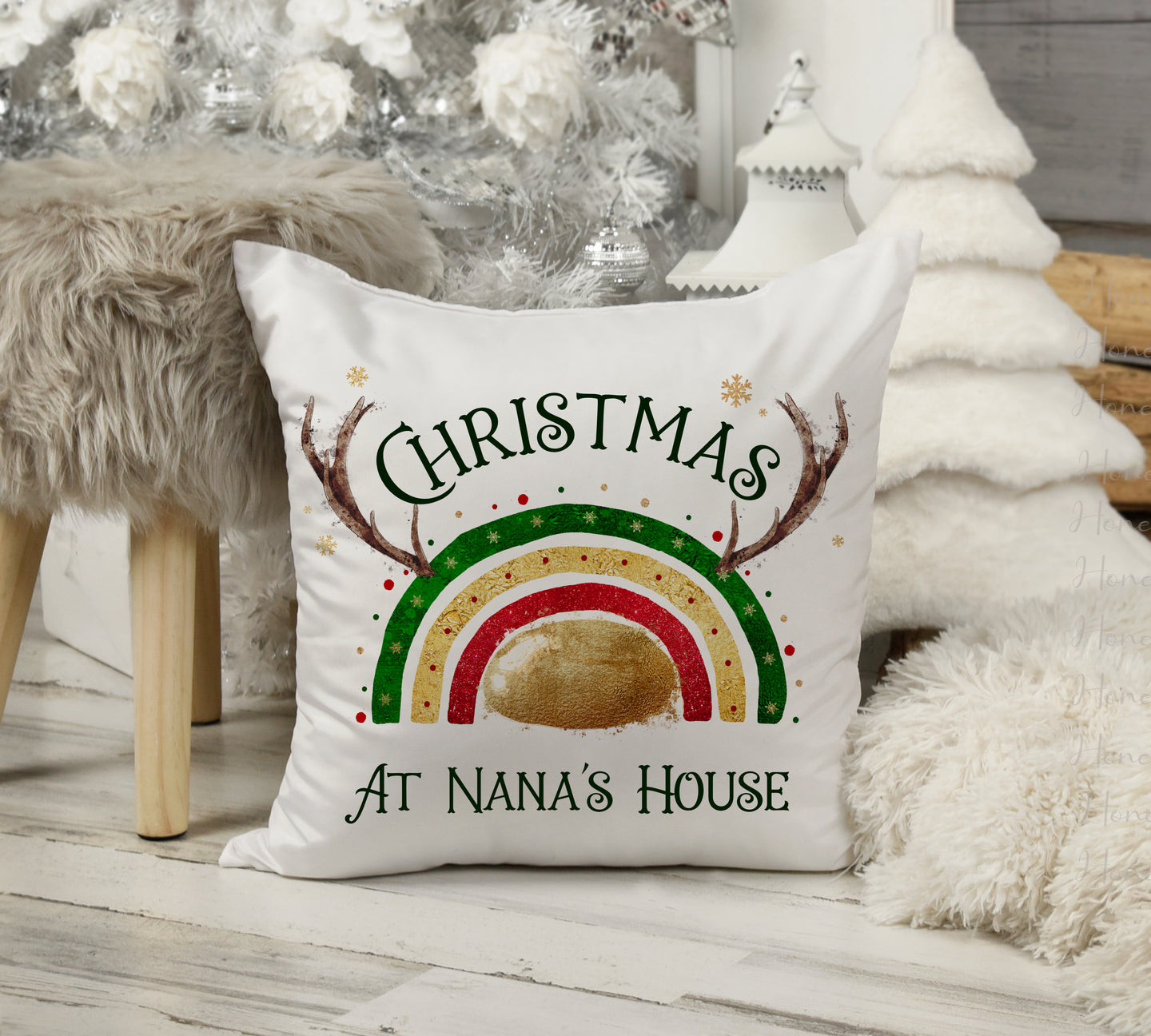Gold Nose Nana's House Reinbow Christmas Cushion