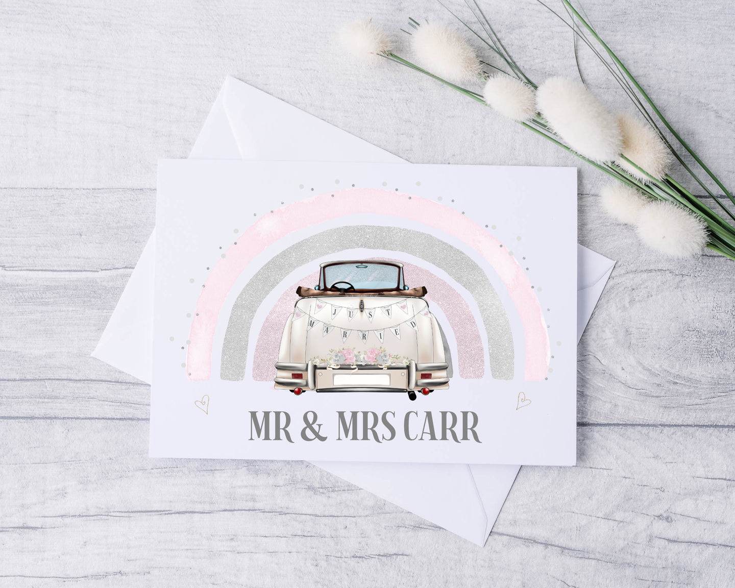 Wedding Car with Rainbow- Greeting Card