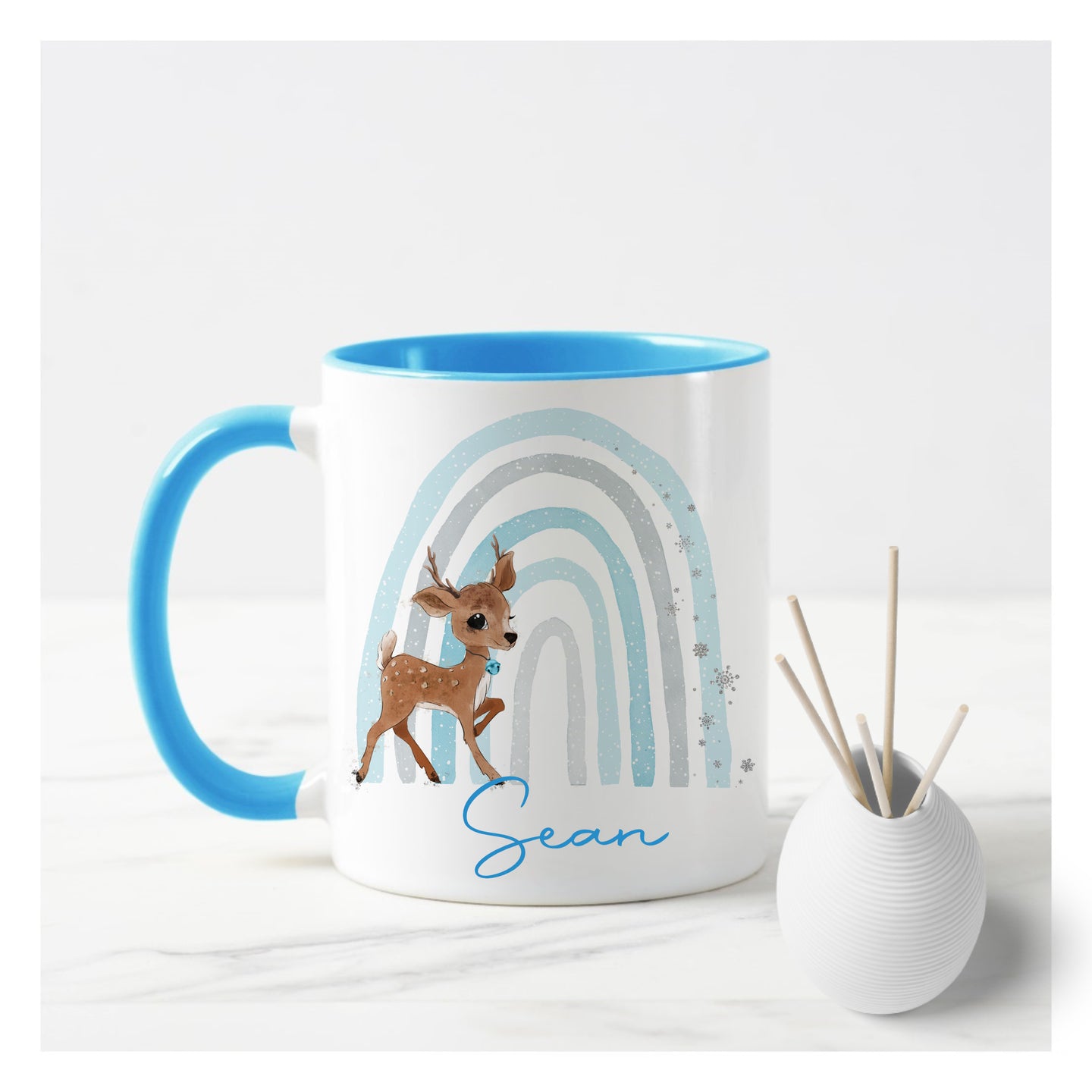 Baby Reindeer Blue Rainbow Christmas Mug