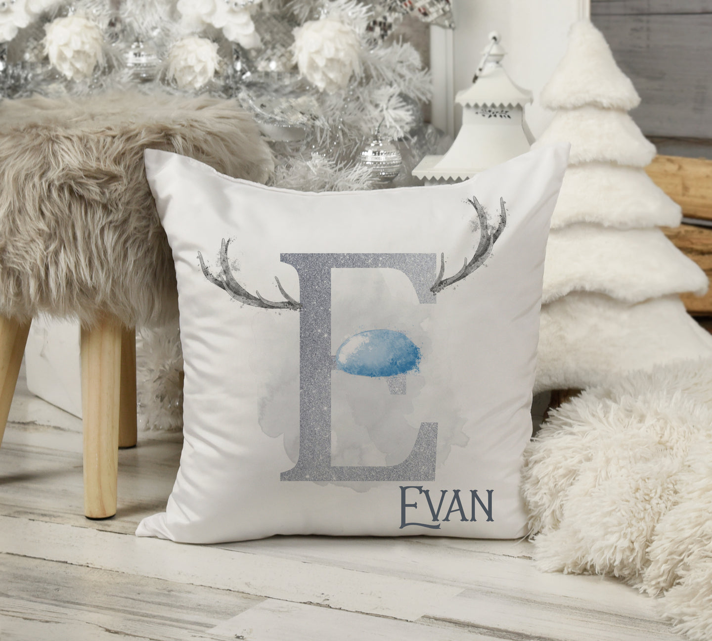 Blue Nose Antler Initial Christmas Cushion