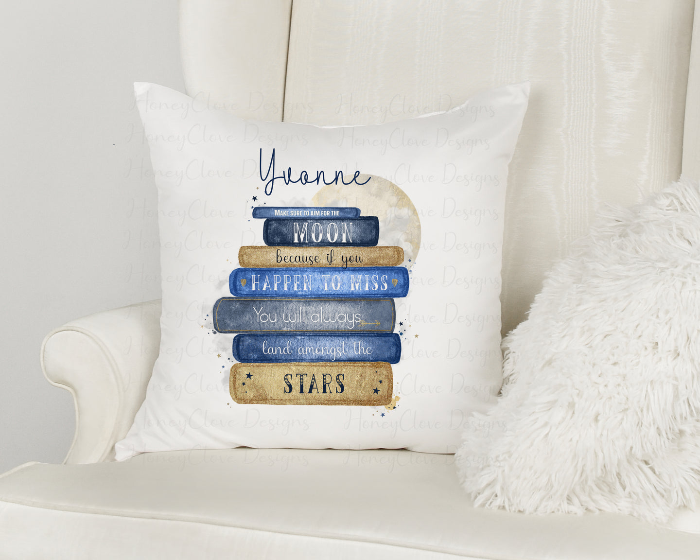 Blue Lunar Bookstack Design Cushion