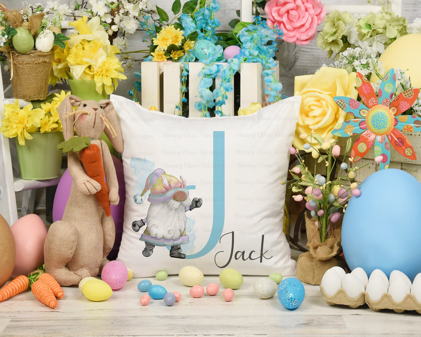 Easter Gnome Initial Cushion - Blue