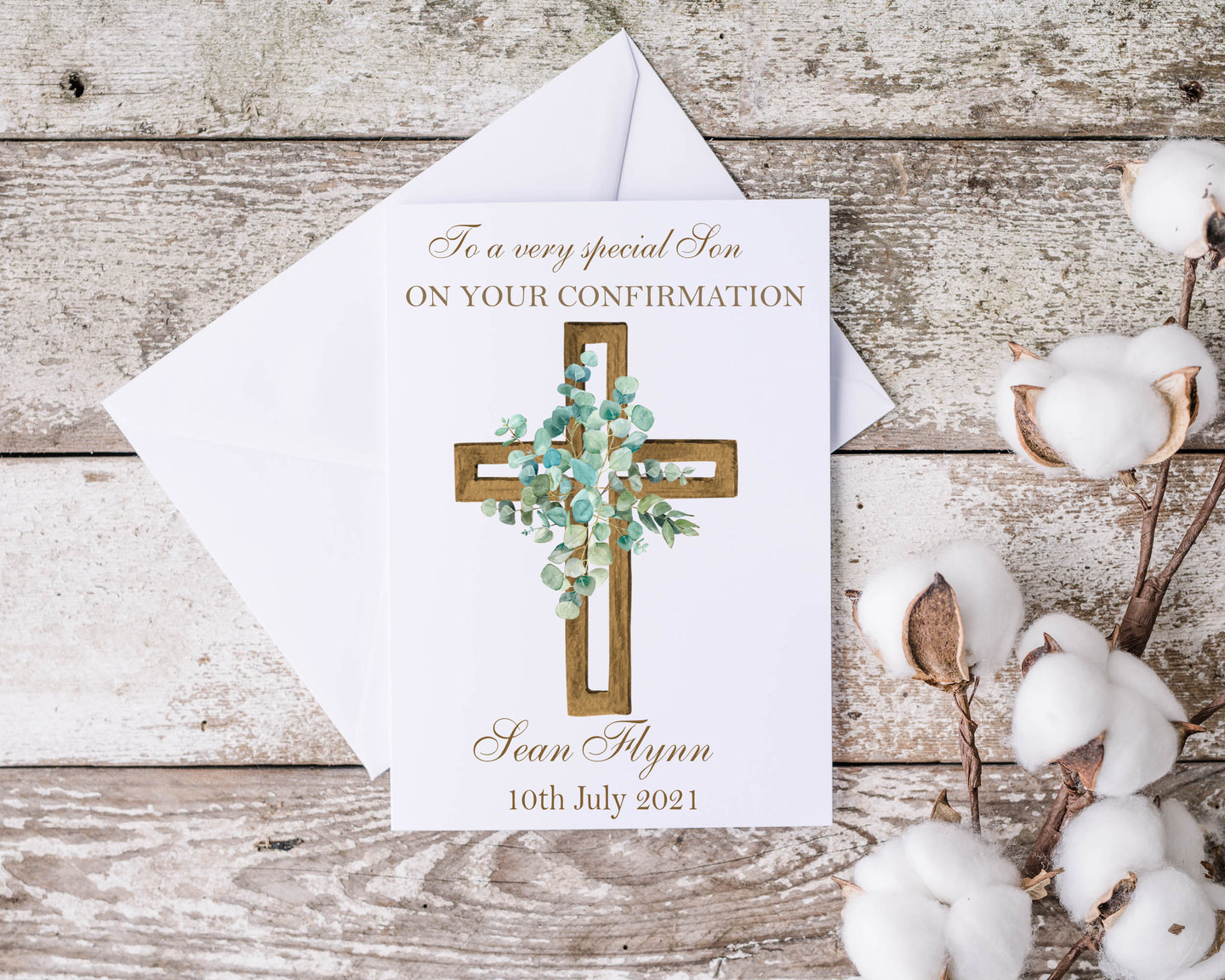Brown Eucalyptus Cross Communion/Confirmation Greeting Card