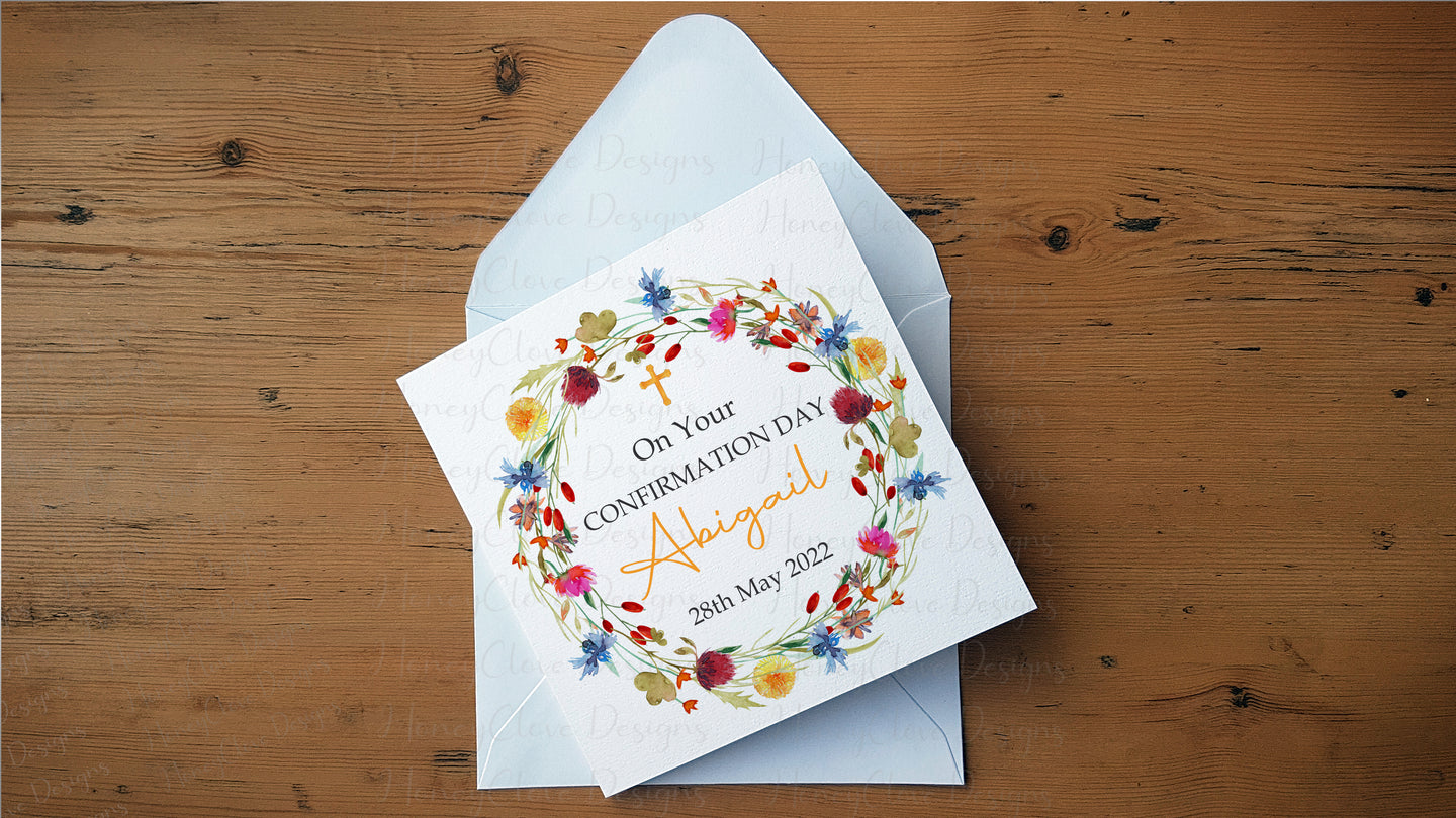 Colourful Flower Wreath  Communion/Confirmation Greeting Card
