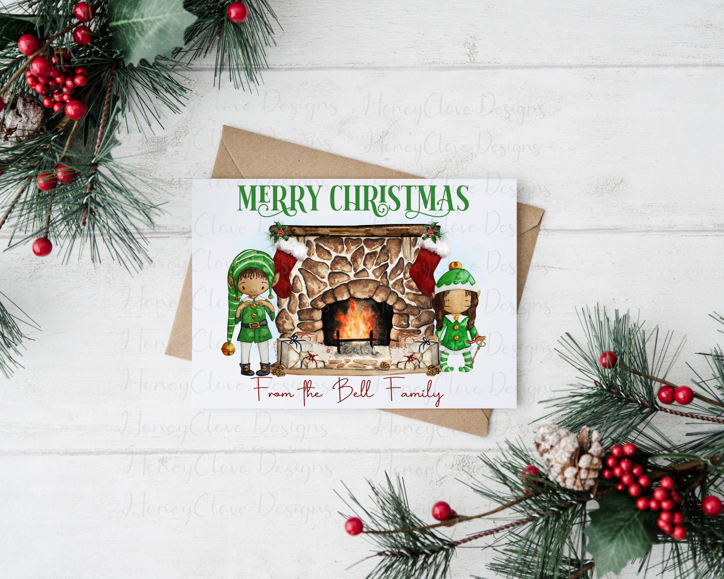 Elf Fireplace Christmas Card - MULTIPACK OPTION