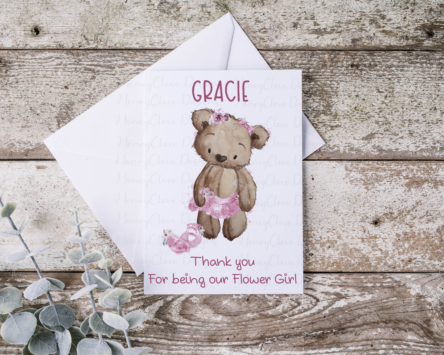 Flower Girl Bear - Greeting Card Pink
