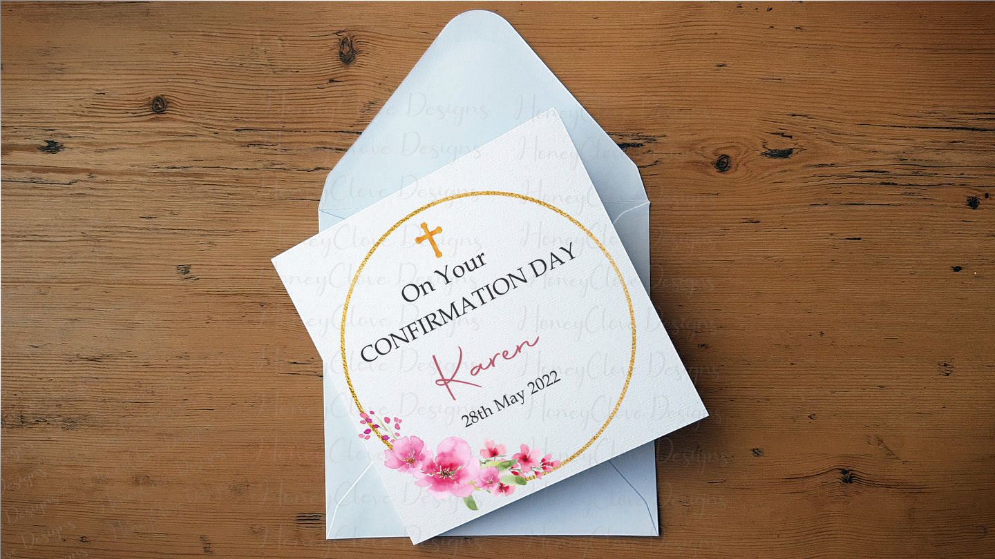 Gold Pink  Wreath  Communion/Confirmation Greeting Card