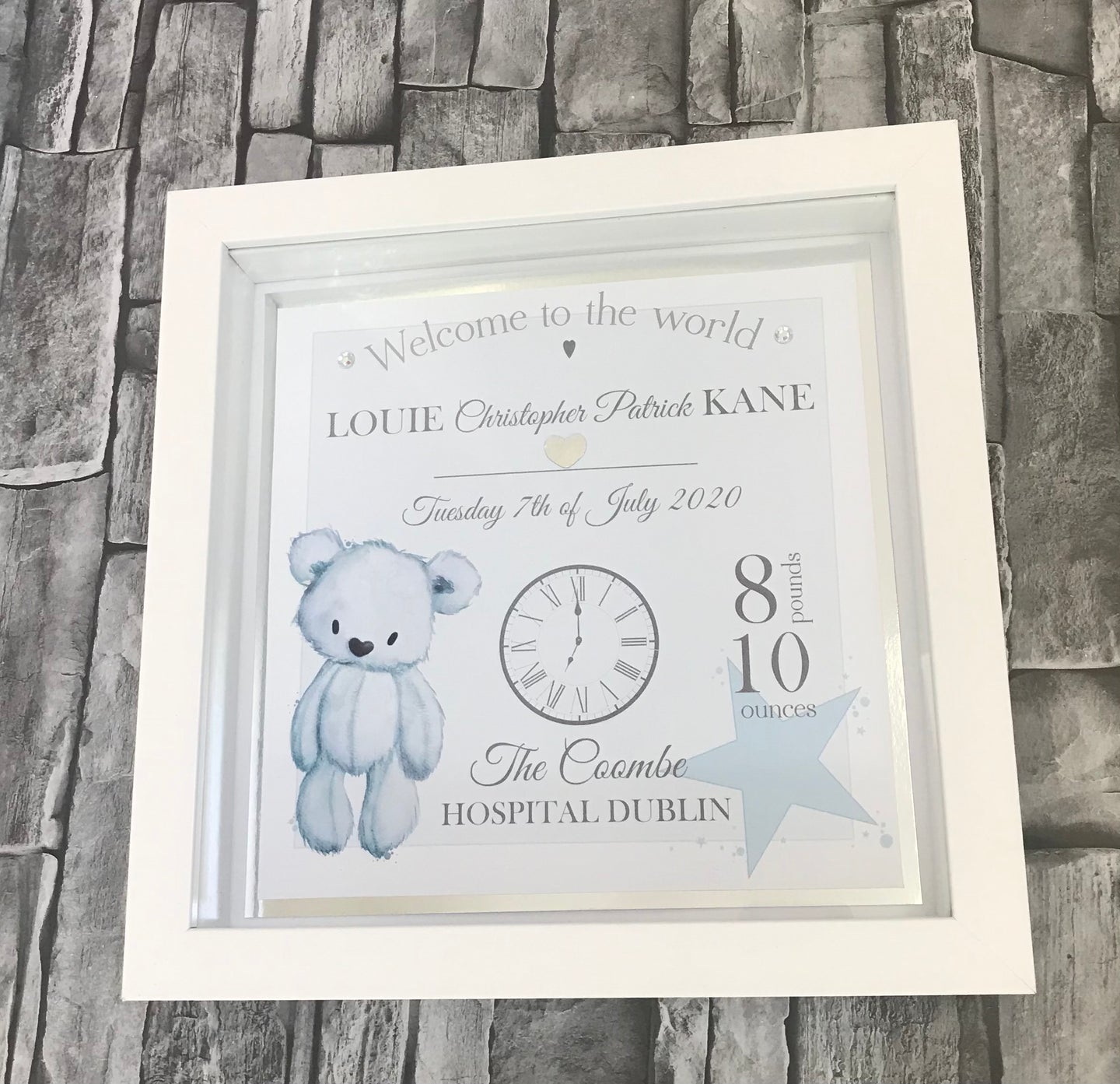 Blue Bear Birth Statistic Frame