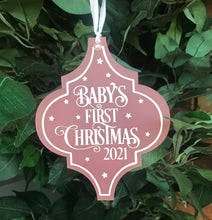 Load image into Gallery viewer, Pink Baby’s First Christmas Arabesque Bauble
