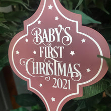 Load image into Gallery viewer, Pink Baby’s First Christmas Arabesque Bauble
