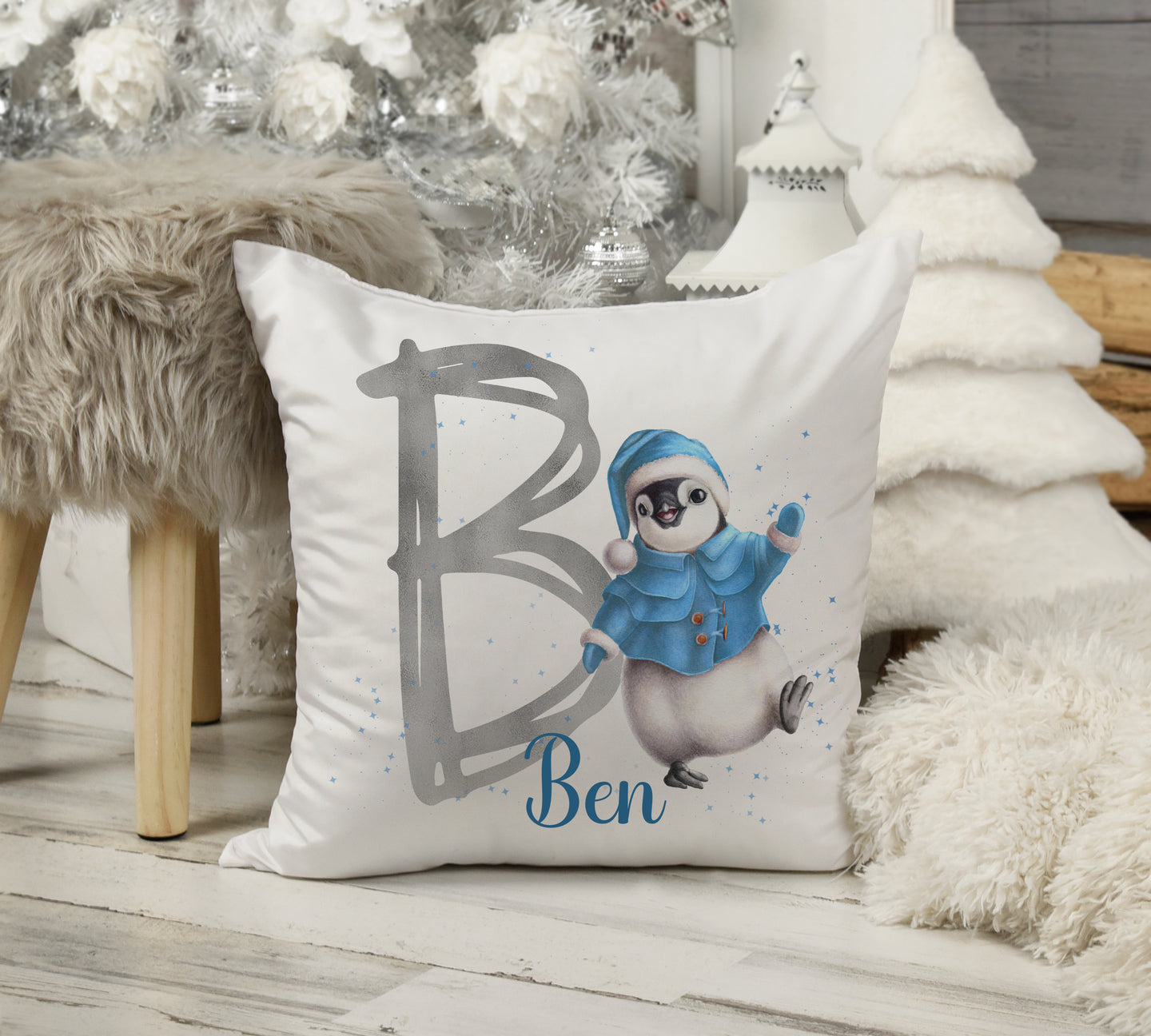 Blue Penguin Christmas Cushion