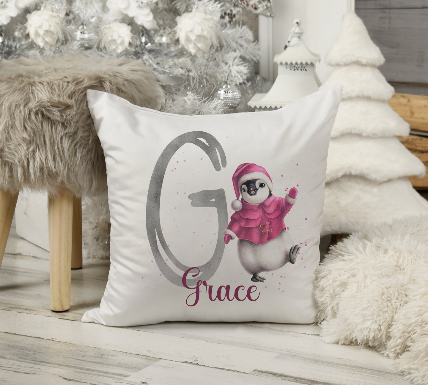 Pink Penguin Christmas Cushion