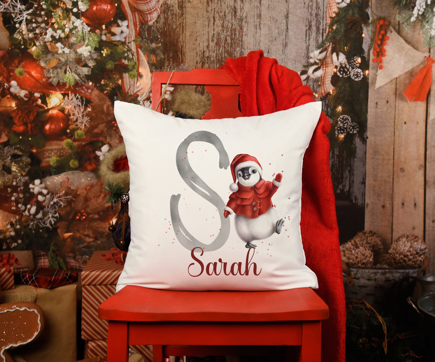 Red Penguin Christmas Cushion