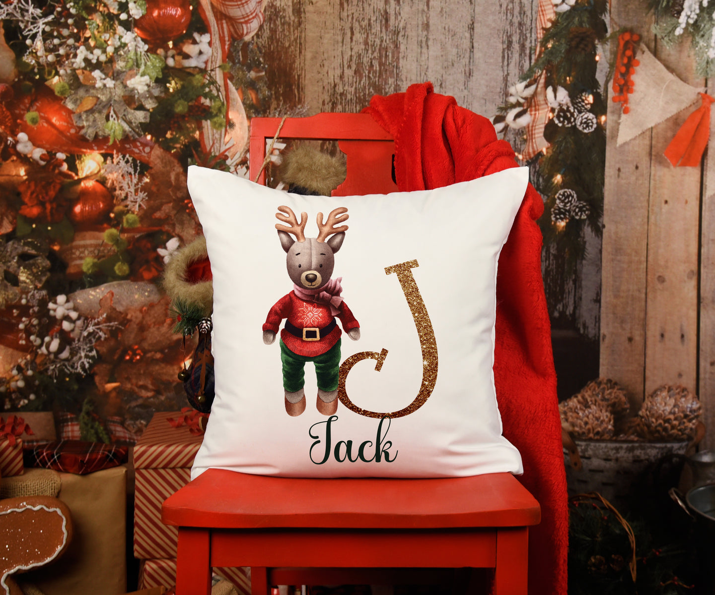 Boy Reindeer Christmas Cushion