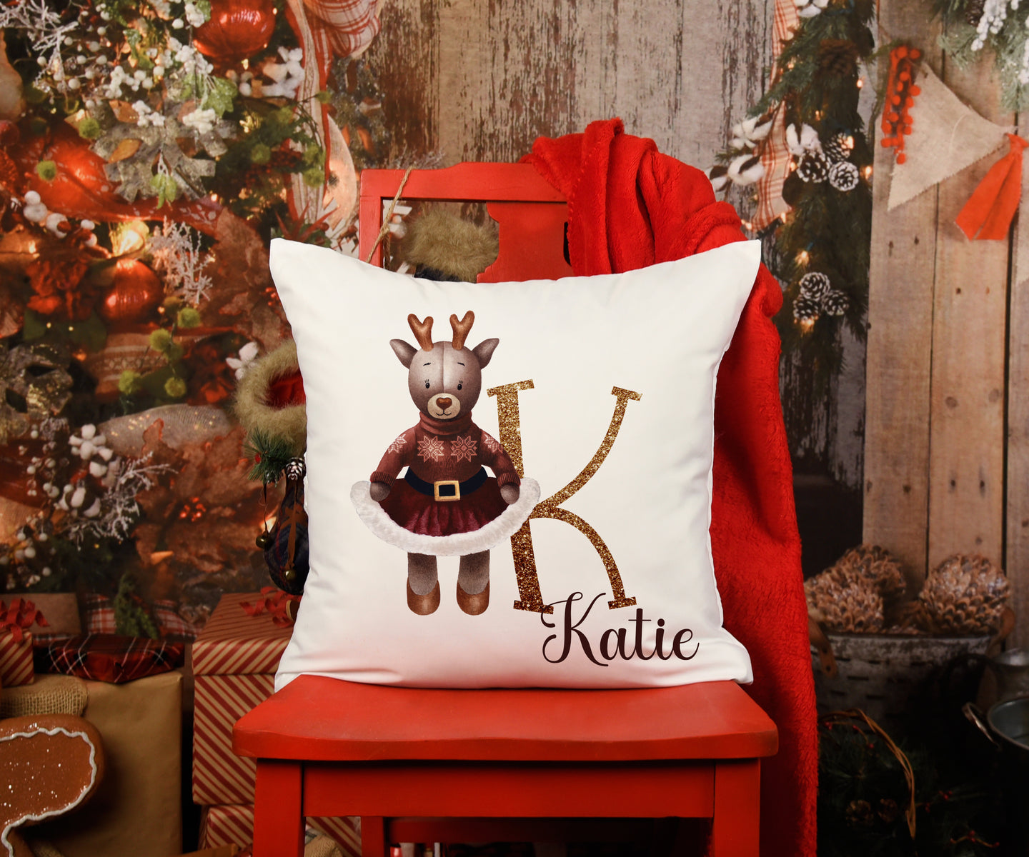 Girl Reindeer Christmas Cushion