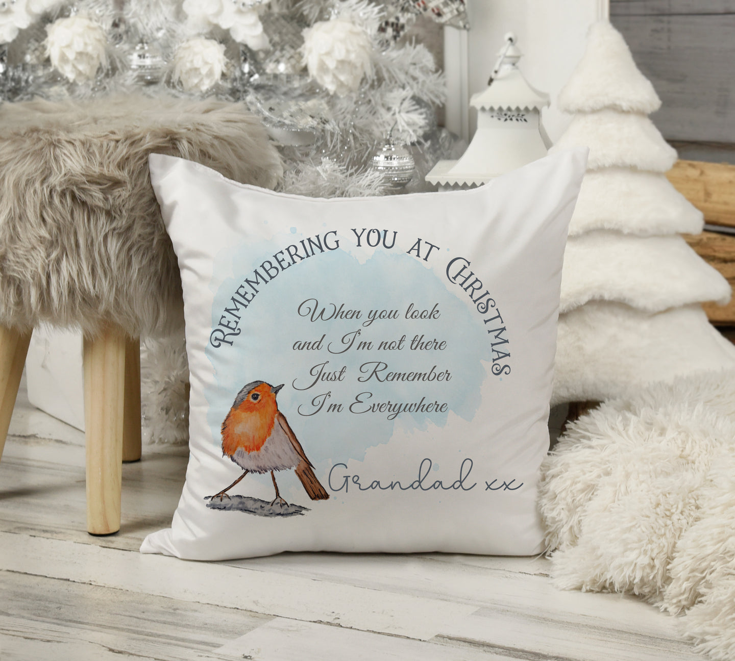 Remembering You At Christmas Robin Cushion - Blue