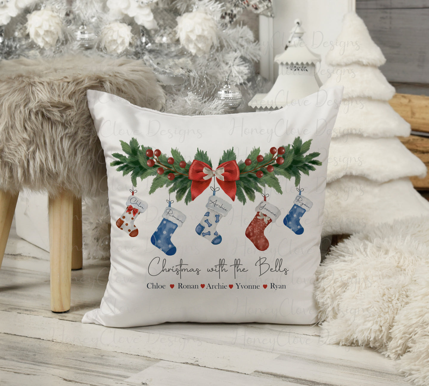 Family Christmas Stocking Garland Cushion