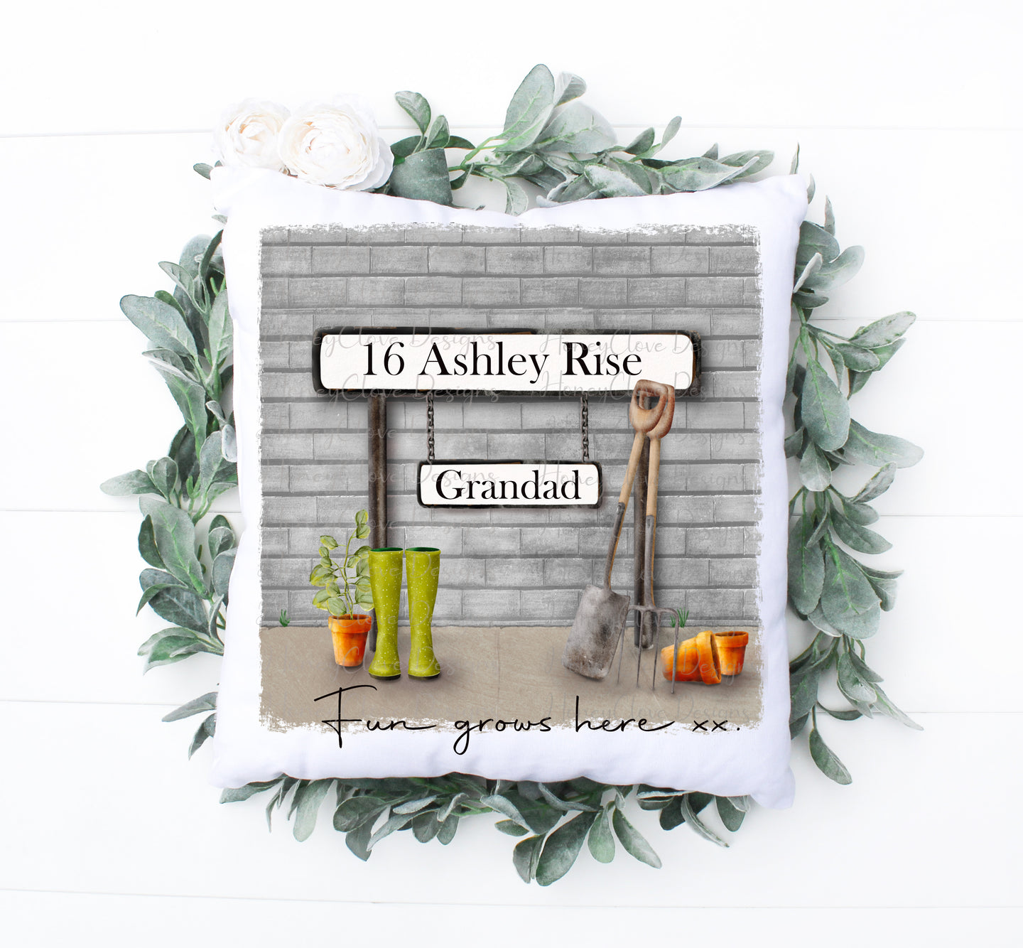 Street Sign Cushion (Grey)  - Gardening Green boots